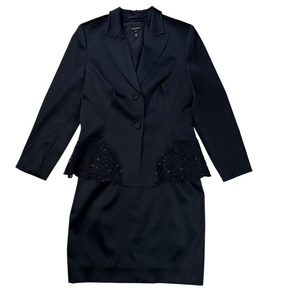 Escada 40 Elegant Satin Blazer Eyelet Lace Dress Formal Party Black Wedding